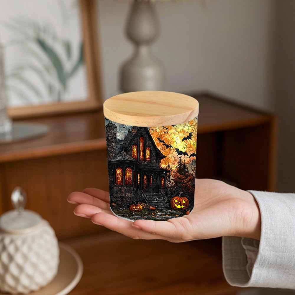 Halloween Horror House Tealight Candle Holder, Pumpkin Candle Jar Tea Light Holder, Stained Glass Halloweens Night Tealight Holders Candlesticks Gift for Halloween Christmas Thanksgiving
