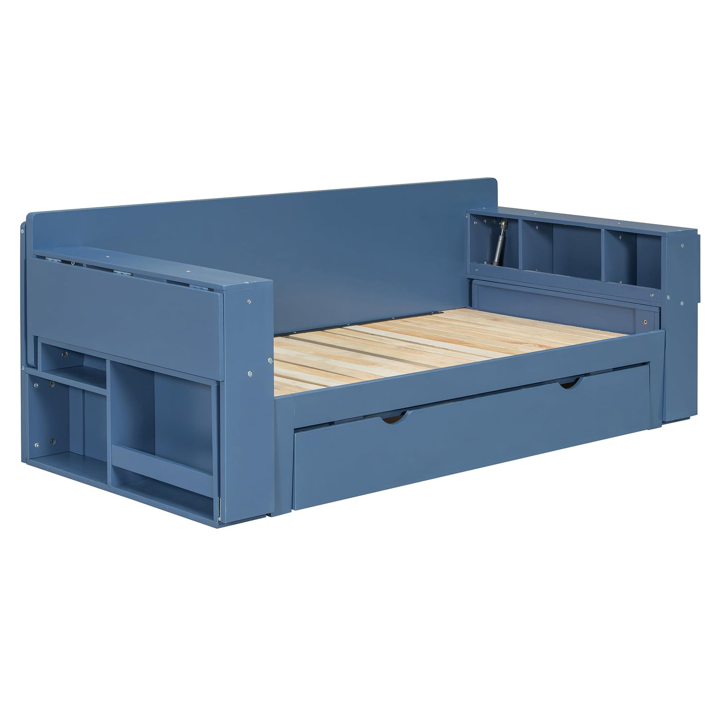 Merax Full Size Daybed with Removable Desk, Storage Drawers & Hydraulic Side Table, Blue