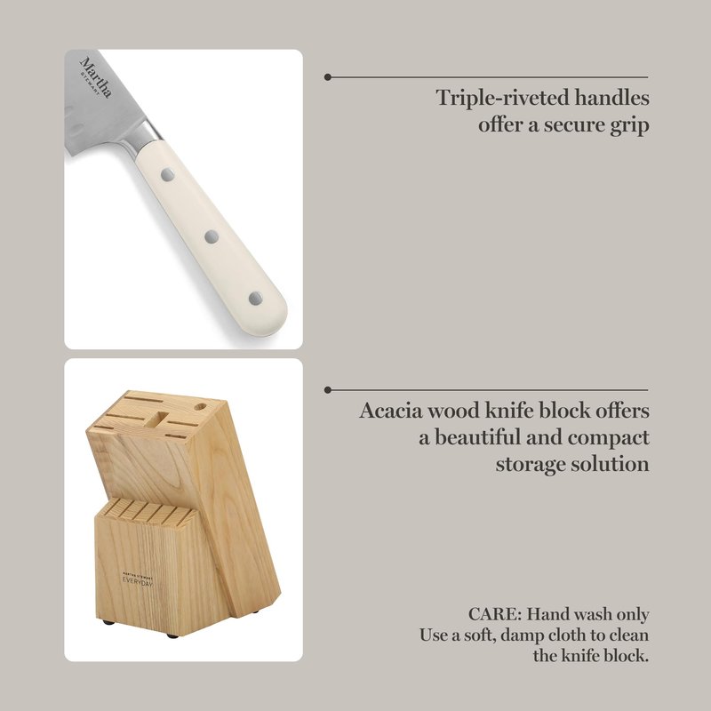 MARTHA STEWART Eastwalk 14 Piece High Carbon Stainless Steel Cutlery Kitchen Knife Block Set w/ABS Triple Riveted Forged Handle Acacia Wood Block - Linen White