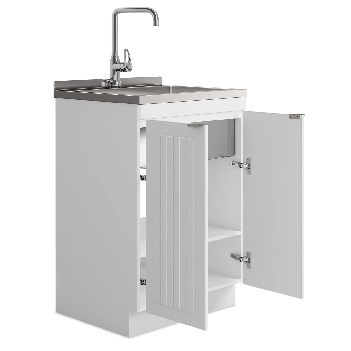 SIMPLIHOME Murphy All-in-One 24 inch Wide Utility Sink and Laundry Cabinet in Pure White Finish, Transitional Stainless Steel Sink Cabinet for Laundry Rooms with High-Arch Chrome Faucet and Storage