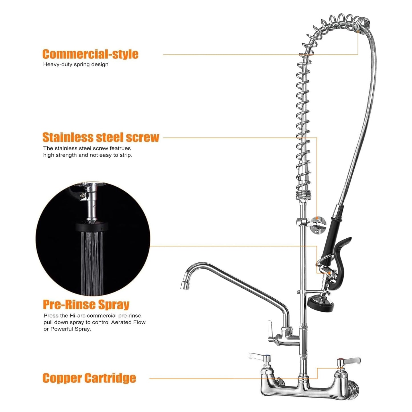 Commercial Sink Faucet with Sprayer for Kitchen: MSTJRY 47" Height Wall Mount Commercial Faucet with Sprayer Fit for 3 Compartment Sink - Polished Chrome 8" Center 12" Swing Spout Pre Rinse Assembly