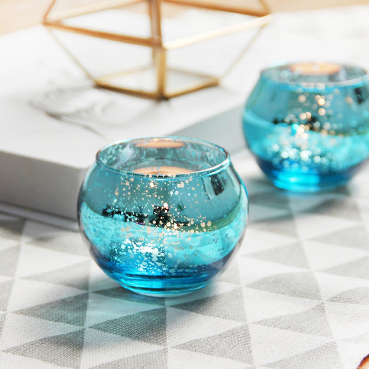 Uonlytech 12pcs Blue Speckled Hollow Glass Candle Holders Decorative Tealight Candle Cups for Living Room and Hospitality Table Décor