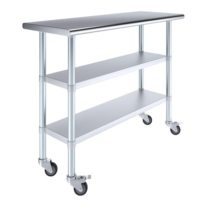 AmGood Stainless Steel Work Table with 2 Shelves with Casters | Metal Utility Table | Commercial & Residential NSF Utility Table (Stainless Steel Table with 2 Shelves, 48'' Long x 18'' Deep)