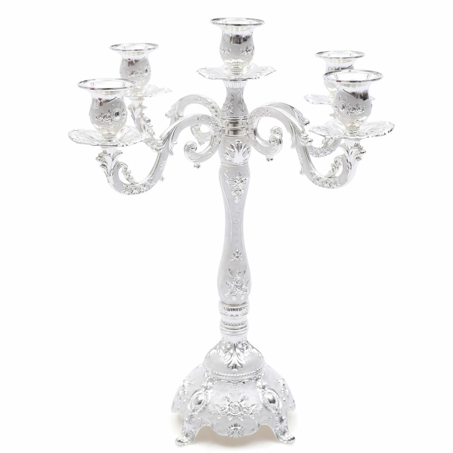 Headery Elegant 14.56”H Mental Tall Candelabra,5 Arm Candle Holder Candlestick Holder, Taper Candle Holder with Three-Dimensional Carving for Wedding Dinner Party Chrismas Ceremony Home Decor(Silver)