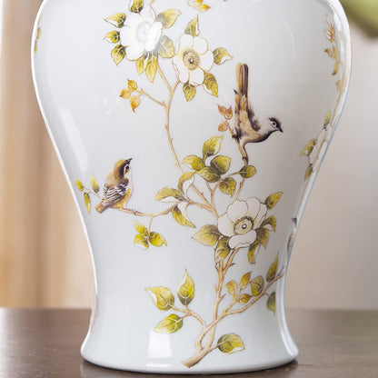 ZHOUXIAO White Ceramic Ginger Jar with Lid for Home Decor,Traditional Chinese Flowers and Birds Temple Jar, Jingdezhen Handcrafted Porcelain Vase Centerpiece Decor L