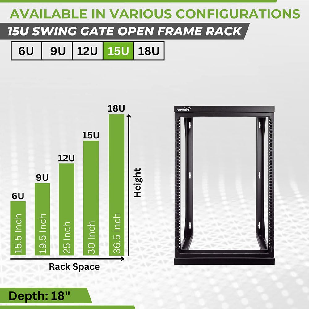 NavePoint 15U Open Frame Server Rack for 19" IT Network Equipment & A/V Devices, Free Standing or Wall Mount Rack with 180 Degrees Gate Swing, Black