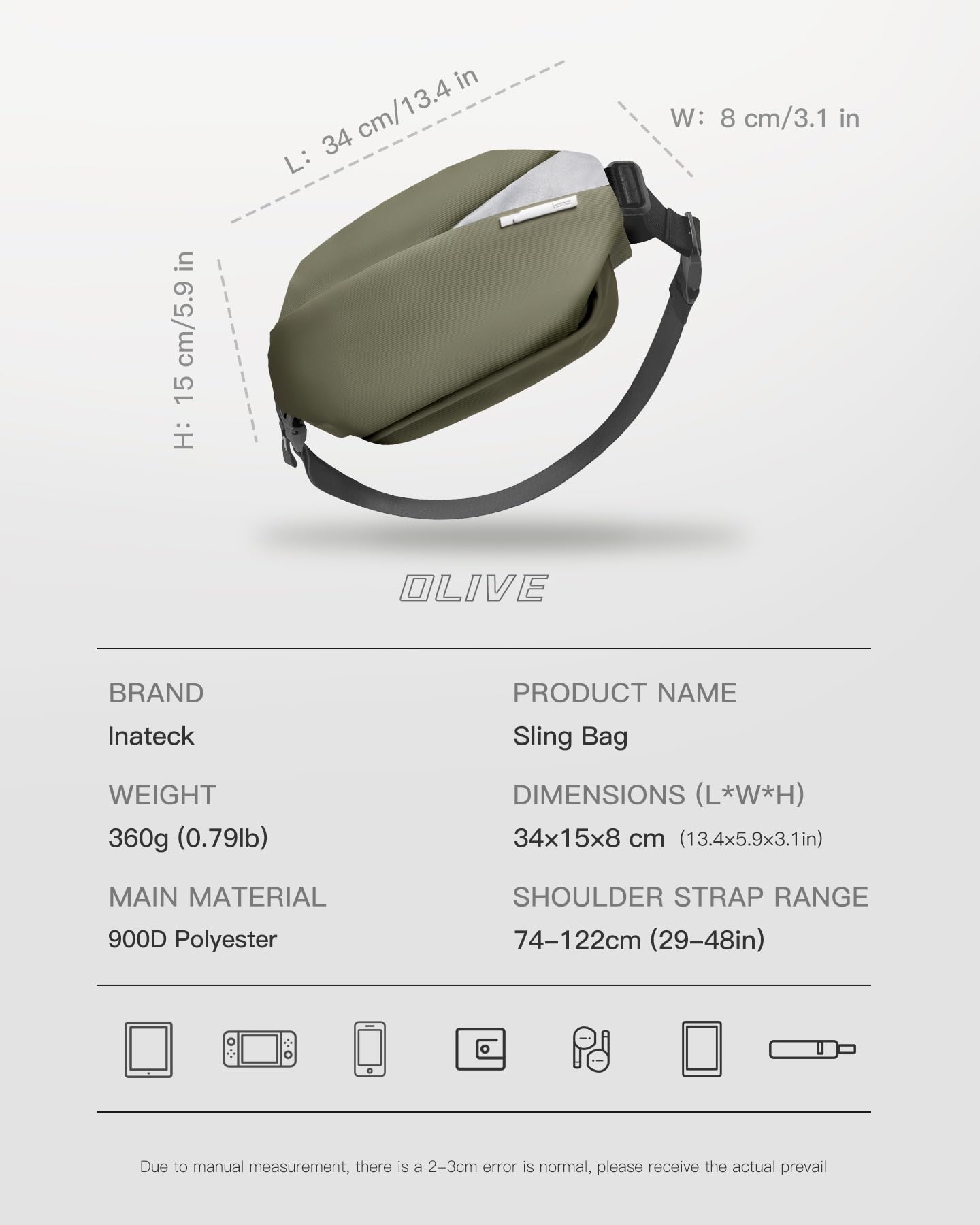 Inateck Sling Bag X, Multi-pocket Crossbody Shoulder Chest Bag with Adjustable Shoulder Strap, Water-resistant Waist Fanny Pack for Men, Women, Travel, Daily Use, Cycling, Hiking, Black, Large