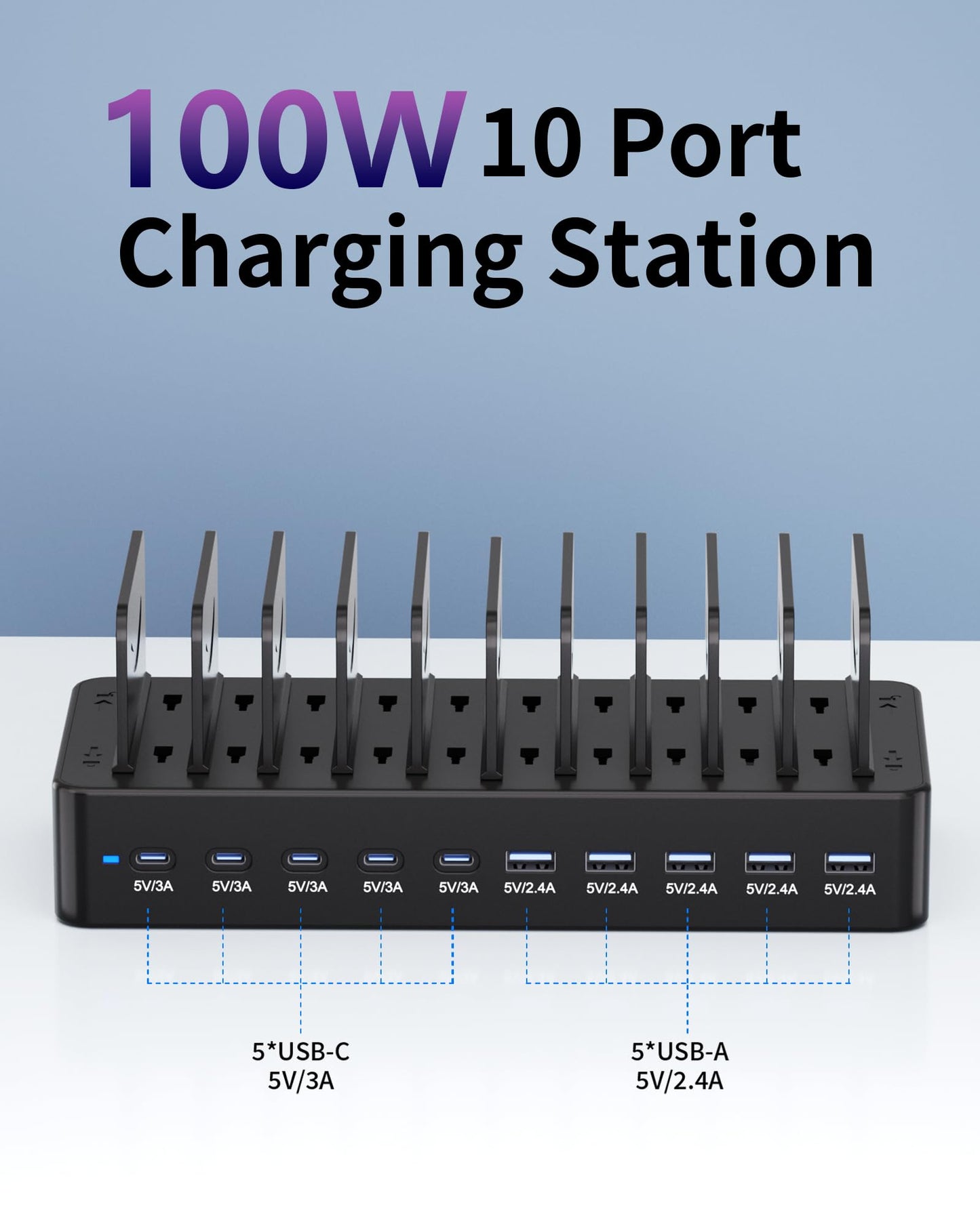 100W Charging Station for Multiple Devices, 10-Port USB Fast Charging Station with Adjustable Dividers & 10 Cables- Multi Device Organizer Charging Dock for iPhone, iPad, Tablets & More(Black)