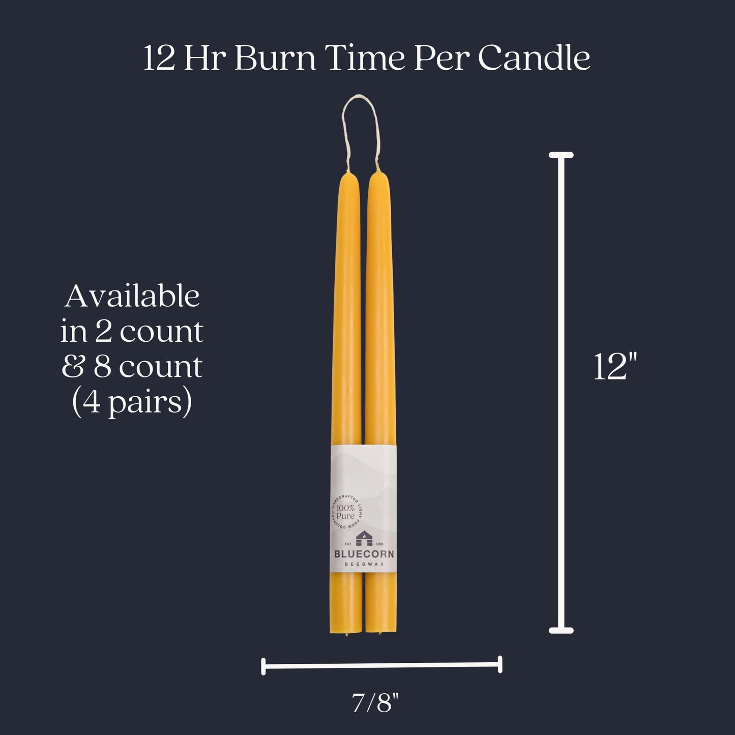 Bluecorn Beeswax Taper Candles, 100% Pure Natural Bees Wax, Pair of 12 Inch Yellow Tapered Candlesticks, Clean Burning & Dripless, Fragrance Free, Long Lasting, Home Decor, American Made, 1 Count