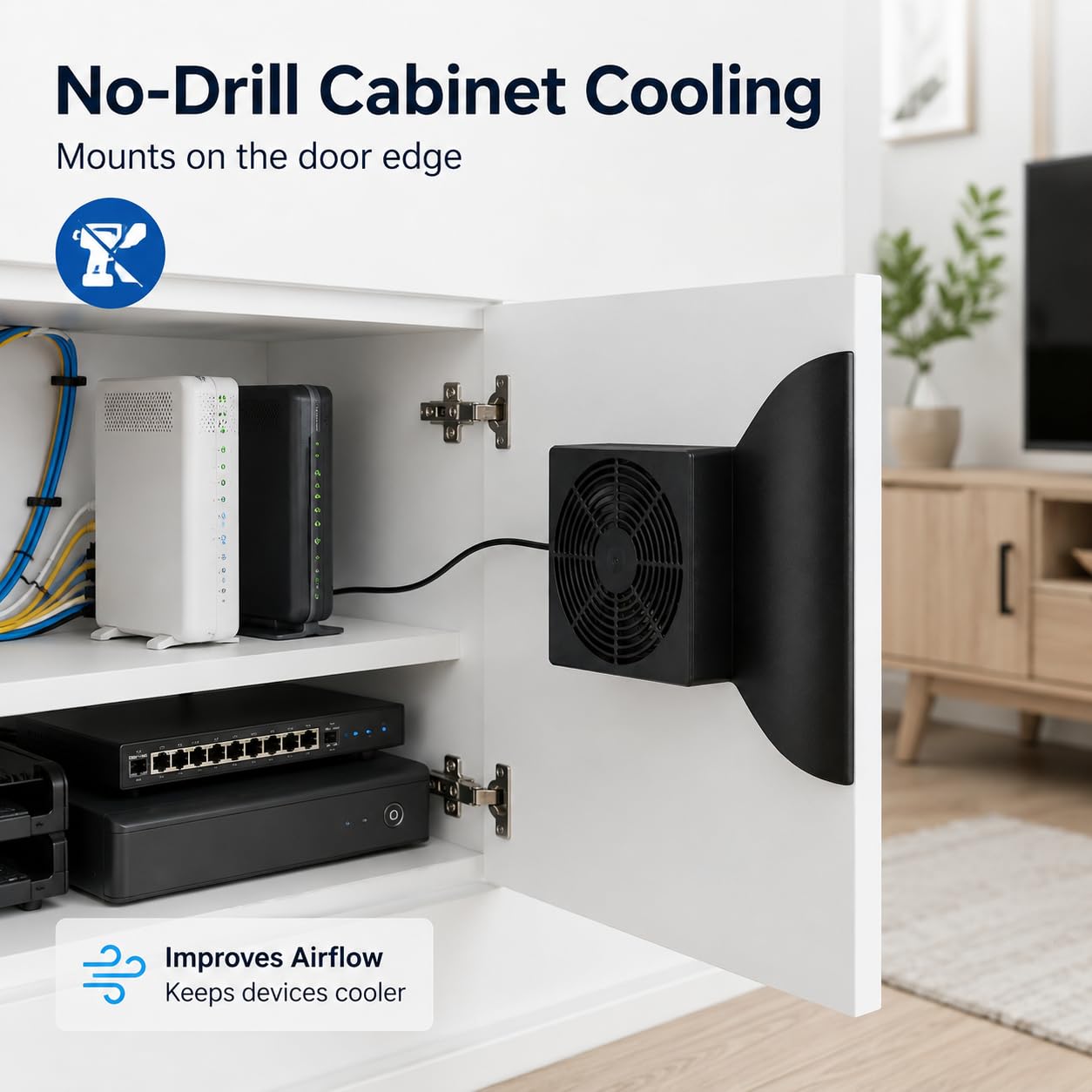 Cabinet Cooling Fan – No Drilling Required, Quiet Slim Fan for Home Theater AV Cabinets, Electronics Enclosures, Server Racks, and Ventilated Doors