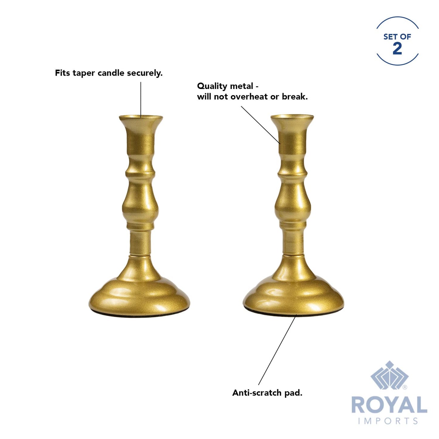 Royal Imports Gold Taper Candle Holder, Modern Metal Tapered Candlestick Holders, Centerpiece Decoration for Home or Wedding, 2 Pc Set, 6"