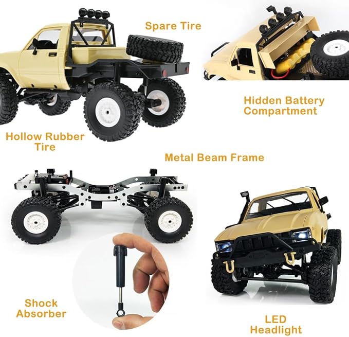 RC Truck 1/16 RC Rock Crawler WPL C14 4x4 RC Semi Truck 2.4GHz Remote Control Car All Terrain Off Road RC Climbing Car with LED Lights and 2 Batteries for Adults (Yellow)