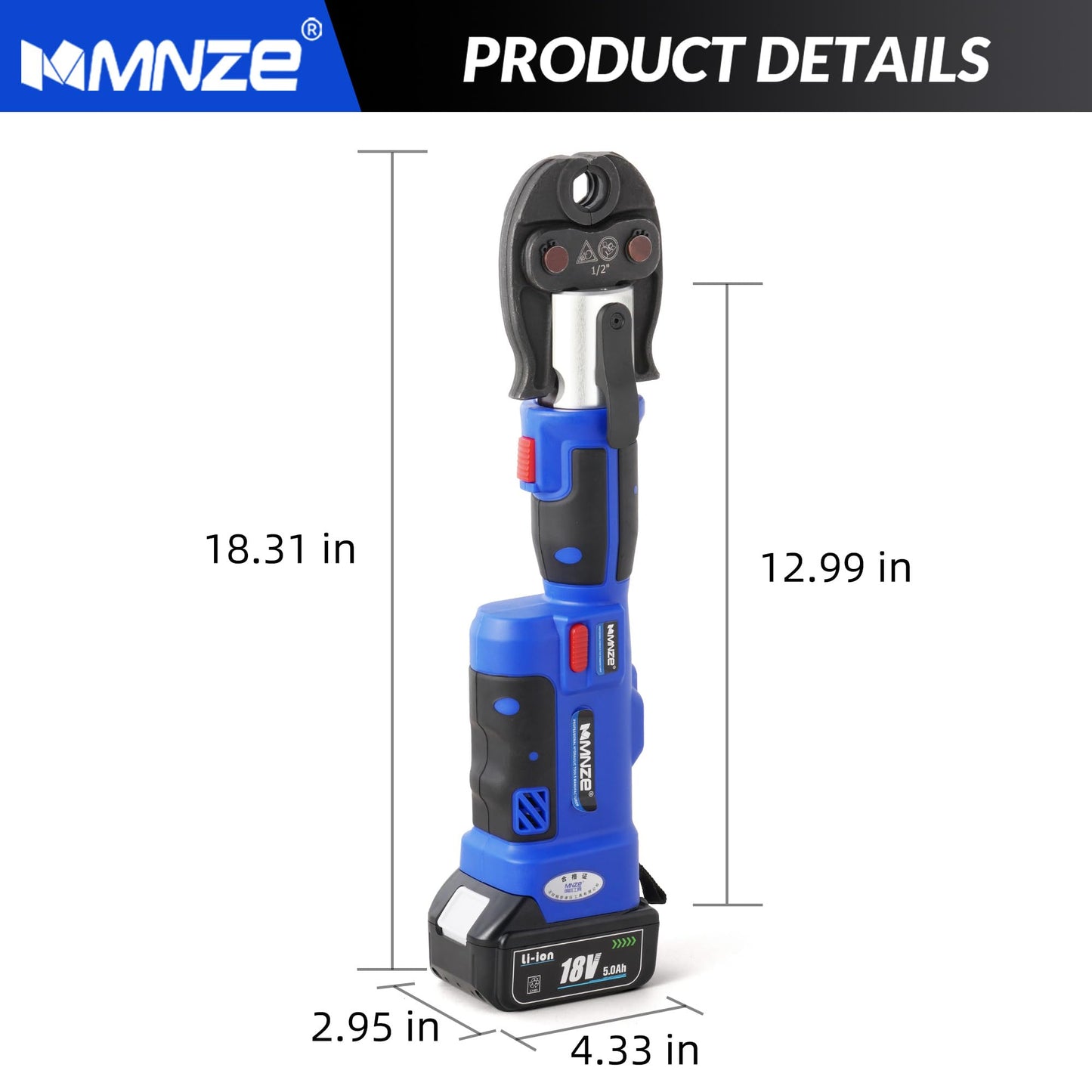 MMNZE Pro Press Tool Kit, Electric Rechargeable Copper Stainless Steel Tube Pipe Fitting Crimping Tool with 1/2" 3/4" 1" Pro Press Jaws and 2 Batteries, 3T 1" Stroke, LS-1525