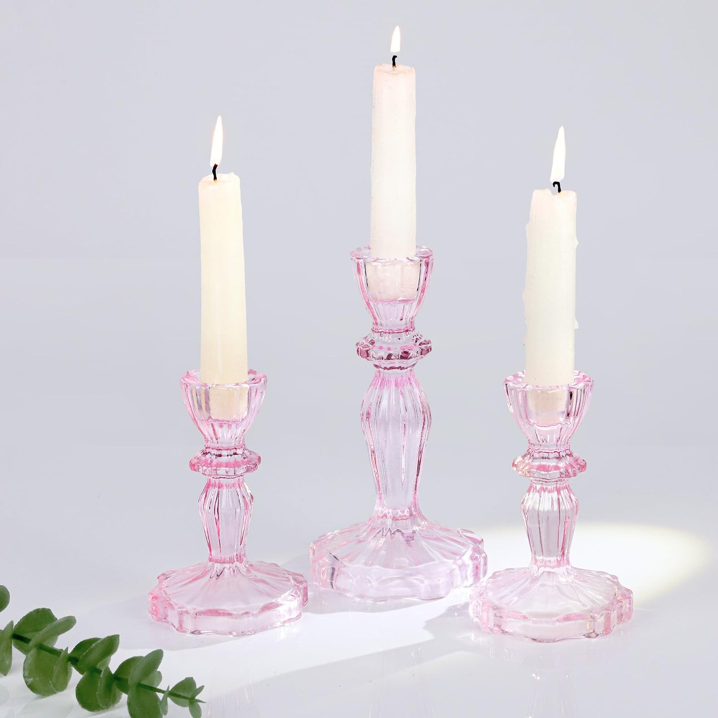 CHOCSTAY Glass Candlestick Holders Set of 3, Pink Stripe Taper Candle Holders for Table Centerpiece, Home Decorations, Wedding and Party