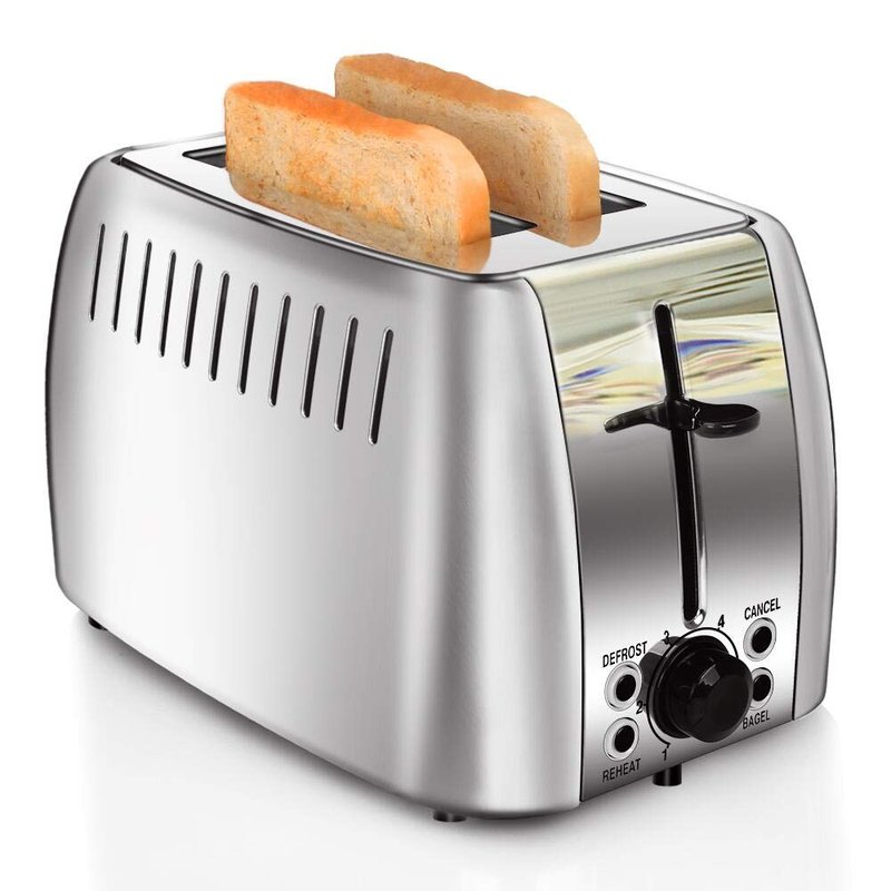 prepAmeal Toaster 2 Slice Stainless Steel Bagel Toaster Extra Wide Slots with 6 Browning Setting, Bagel/Reheat/Defrost/Cancel Function for Toasting Bread, Bagels and Waffles, 750W, Silver