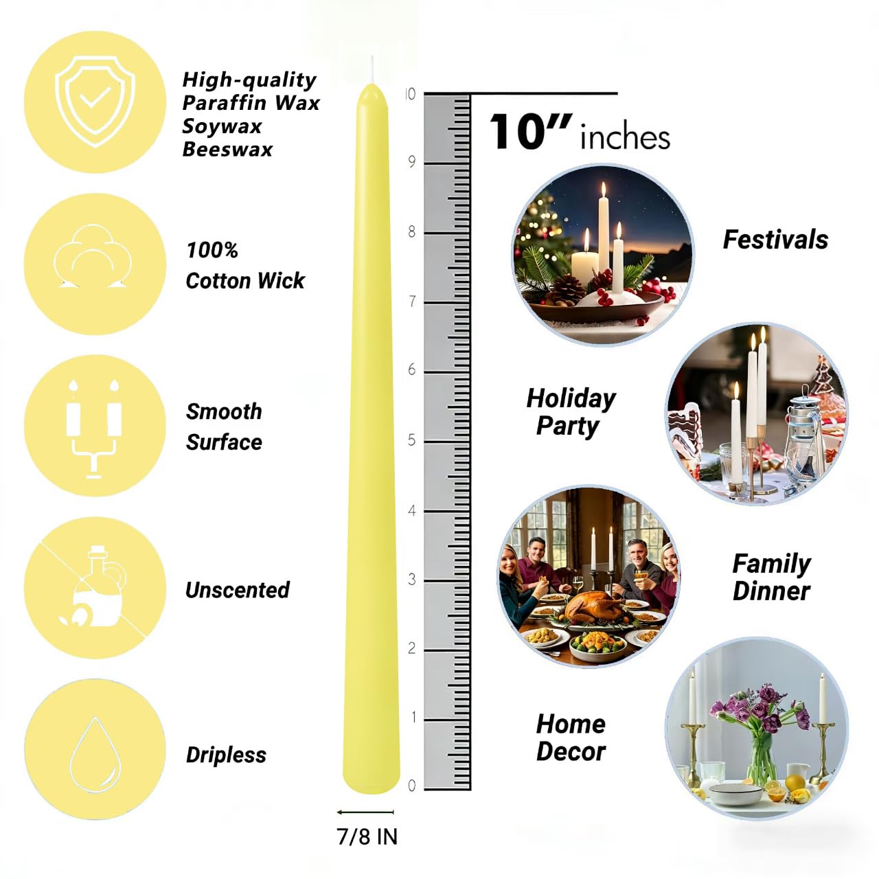 12-Pack Yellow Taper Candles, 10 Inch Unscented Dripless Candlesticks, Long-Lasting Burn Time of 7-8 Hours, Perfect for Home Décor, Weddings, and Events