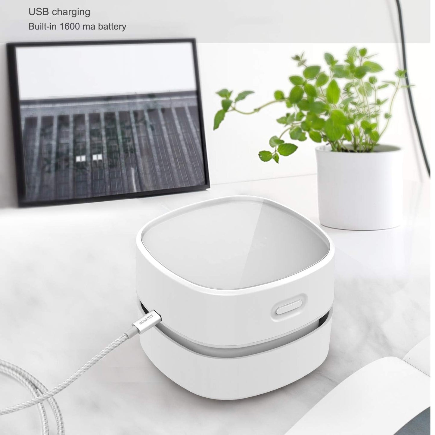 ODISTAR Desktop Vacuum Cleaner,Mini Table dust Sweeper Energy Saving with auto Power-Off Function,High Endurance up to 400 mins,Cordless&360º Rotatable for Keyboard/Home/Office (White USB Charging)
