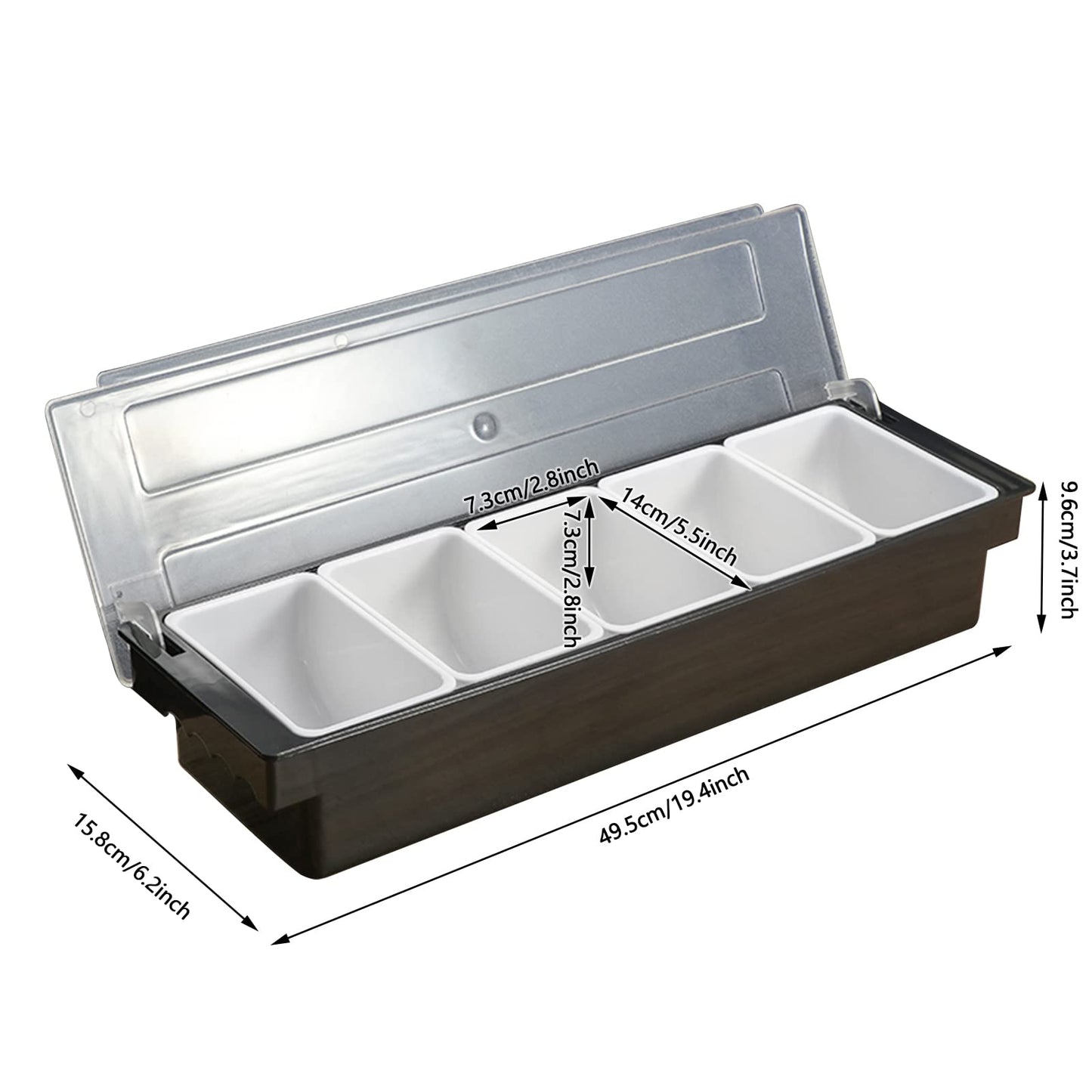 Bar Top Food & Condiment Dispenser 5-grid Plastic Chilled Garnish Tray Bar Caddy with Lid for Bartending & Serving Taco, Ice Cream, Fruit, Salad Bar (Black)