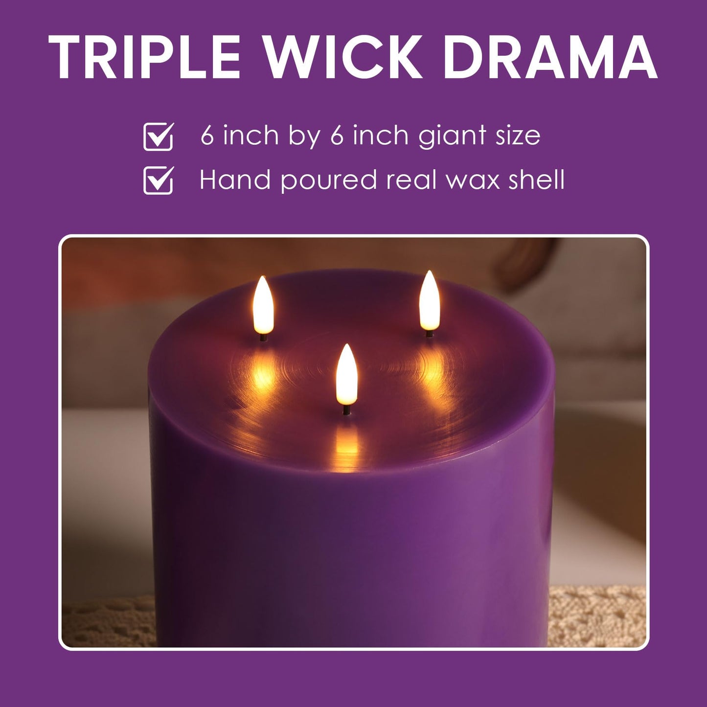 Eywamage 3 Wick Flameless Candle with Remote, Large Purple Candle, Real Wax Flickering LED Pillar Candle Φ 6" H 6"