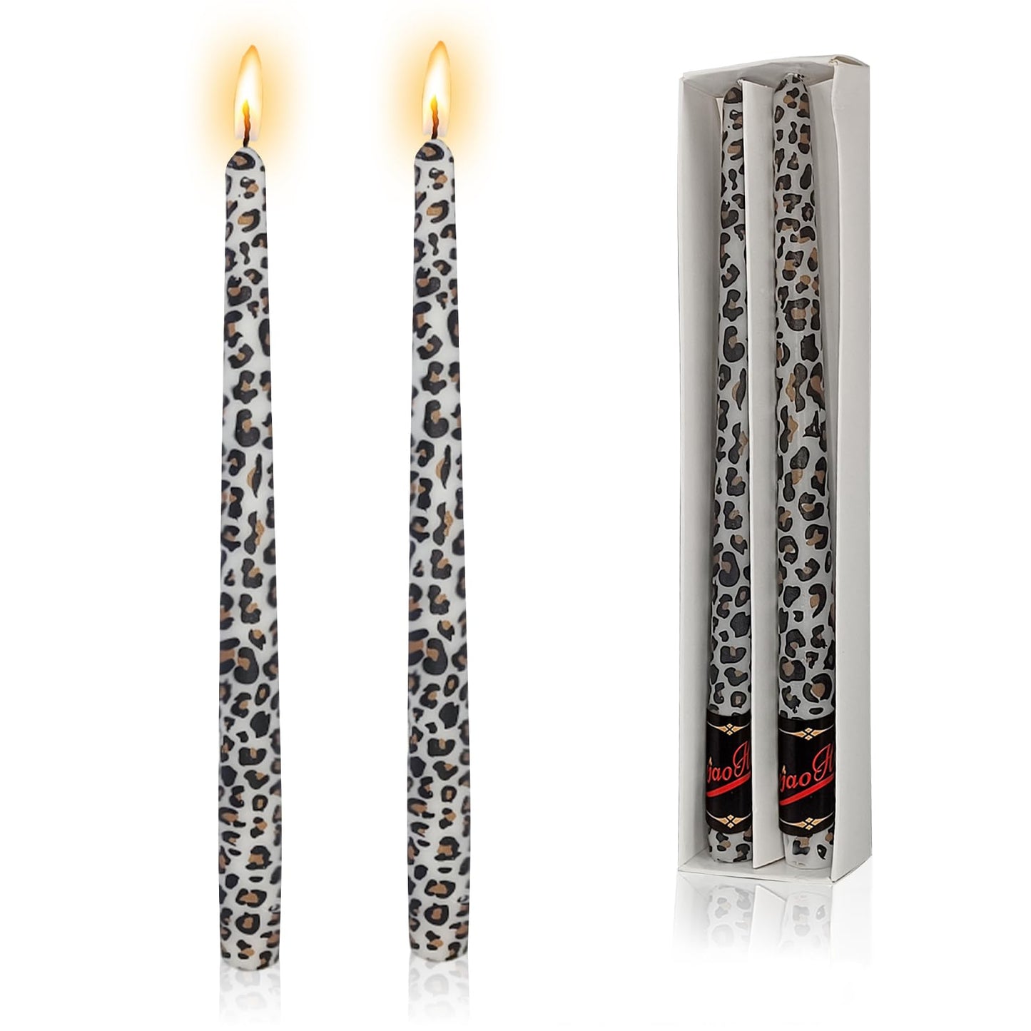 NJAO HOO Candlesticks 10 in Straight Taper Candles Hand Printing Leopard Candlesticks Tall Tapered Candle Sticks for Home Garden Decor Simple Modern, 2Pcs