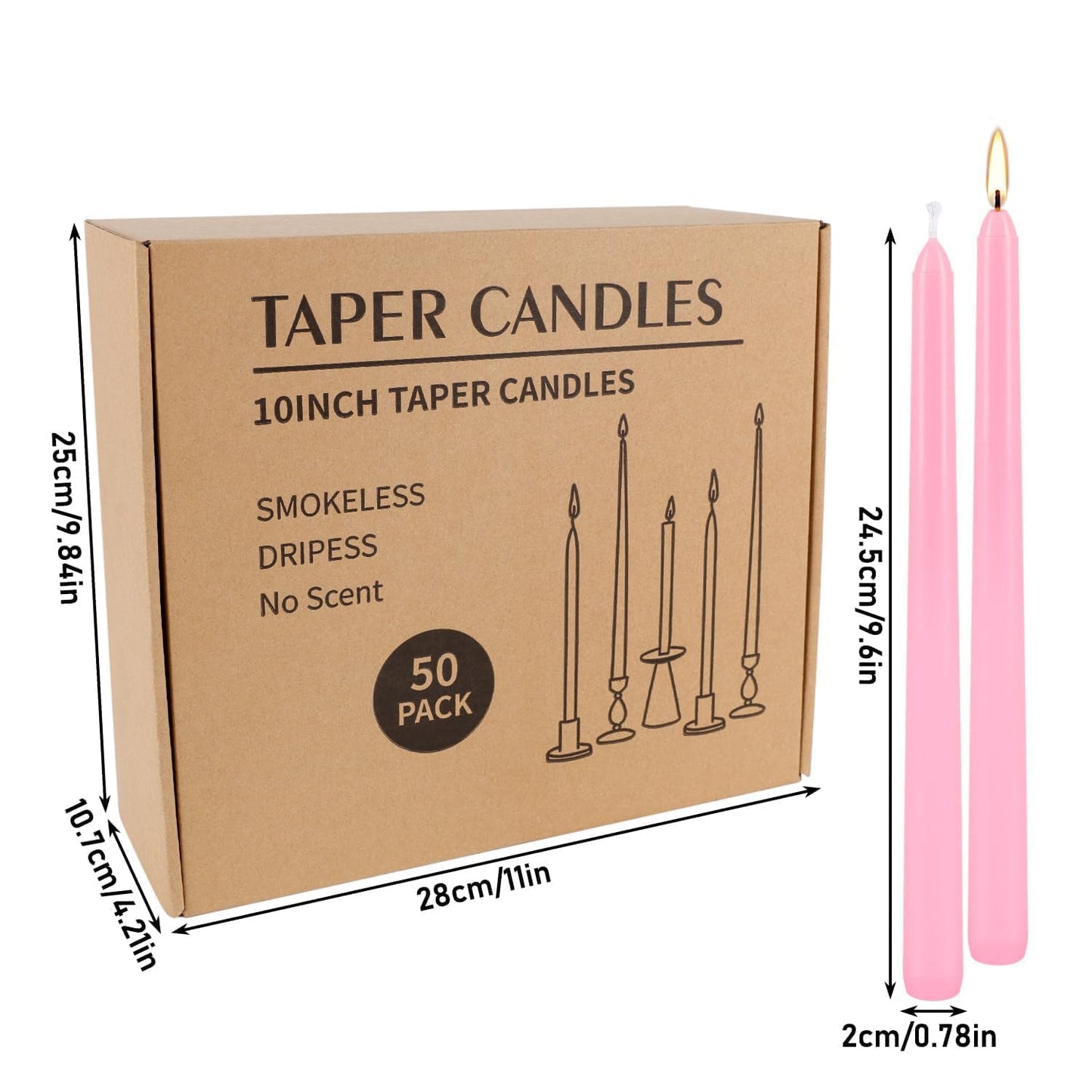50-Pack Pink 10-Inch Taper Candles: Unscented Dripless Candlesticks with 8-Hour Burn Time - Elegant Dinner Candles for Valentine's Day, Romantic Dinners, Wedding Centerpieces, & Special Event Decor