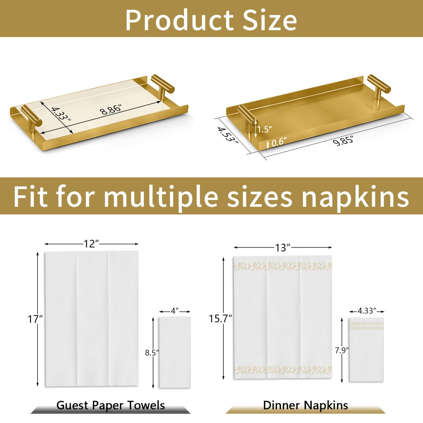 STWWO Napkin Holder for Bathroom, Guest Towel Holder Tray for Bathroom, Gold Guest Napkin Holders with T-Handle, Disposable Hand Towel Tray for Guest Room, Table, Kitchen
