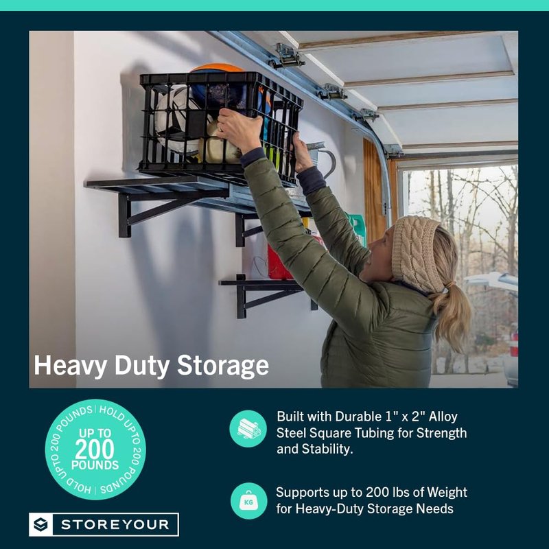 StoreYourBoard Garage Shelving Wall Mounted | 1x2 Heavy Duty Wall Mounted Shelves 2-Pack, 12.5” Wide x 27.25” Long x 6” High | Steel Wall Shelf Garage Storage, 100 lb Each/200 lb Total Capacity, Black