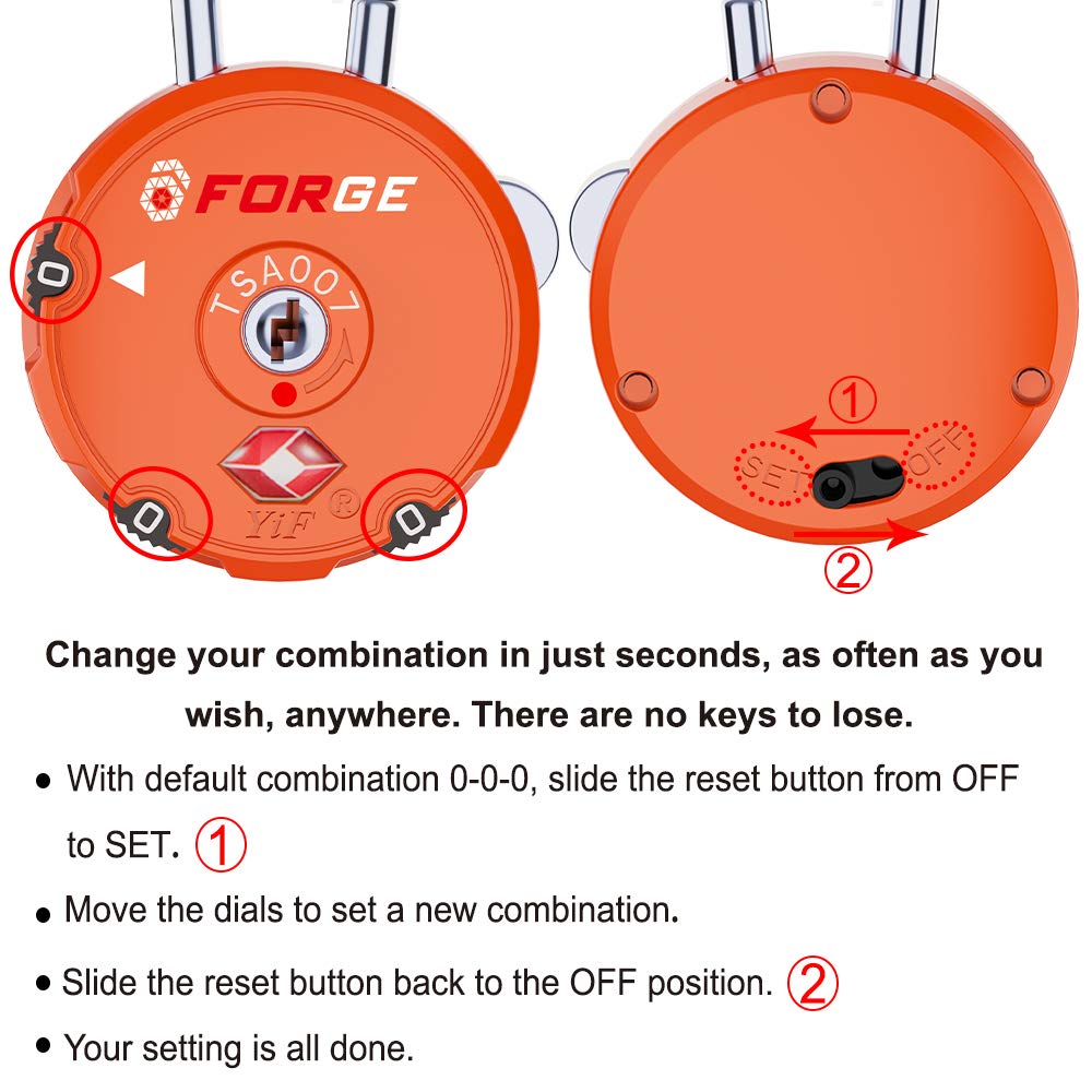 Forge Quality TSA Approved Luggage Locks for Travel Accessories, Suitcase, Pelican case, Set Your own Combination, Zinc Alloy Body-Cable Locks Orange 2 Locks