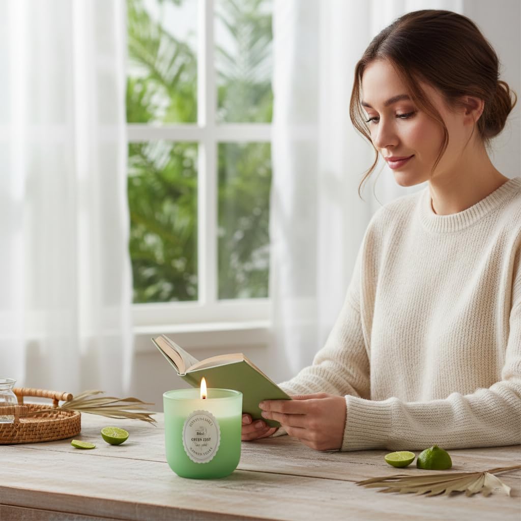 Bali Green Zest Scented Candle 8oz – CW Studio Color-Sprayed Glass Jar, Fresh Citrus Lemongrass & Herbal Aroma – Tropical Spa Gift Candle, Mother's Day & Birthday – 40-45 Hour Burn