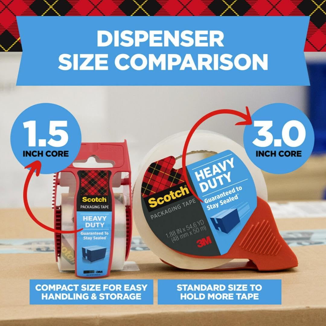 Scotch Heavy Duty Shipping Packaging Tape, 6 Rolls with Dispenser, 1.88" x 22.2 yd, 1.5" Core, Great for Packing, Shipping & Moving, Clear (142-6)