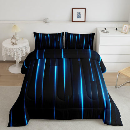 Feelyou Kids Blue Black Striped Comforter Set Twin Size Geometric Abstract Ombre Bedding Set for Boys Girls Teens Bedroom Modern Decor Comforter Women Men Quilt Set