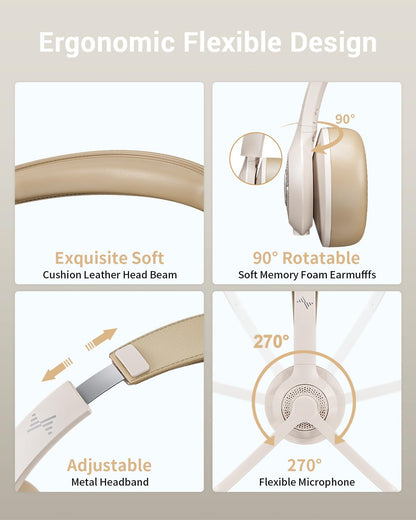 Wireless Headset with AI Noise Cancelling Microphone Bluetooth Headset - Bluetooth V5.2 Headphones with USB Dongle, Charging Base & Mic Mute for Computer/Laptop/PC/iPhone/Android/Cell Phones-White
