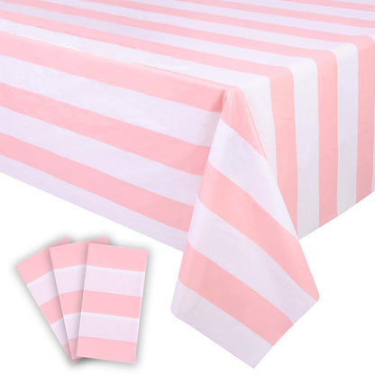 Kesfey 3 Packs Pink and White Vertical Striped Tablecloth 54 x 108 Inch Pink Stripe Table Cloths Disposable Plastic Stripe Table Covers Waterproof Pink Striped Picnic Table Cover for Birthday Party