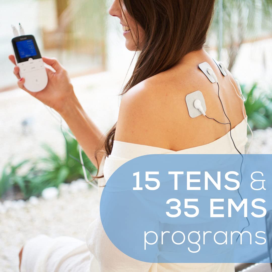 Beurer EM49 Digital TENS & EMS Device for Pain Relief and Muscle Stimulation, 15 TENS Programs, 35 EMS Programs, 2 Adjustable Channels with 4 Self-Adhesive Electrodes