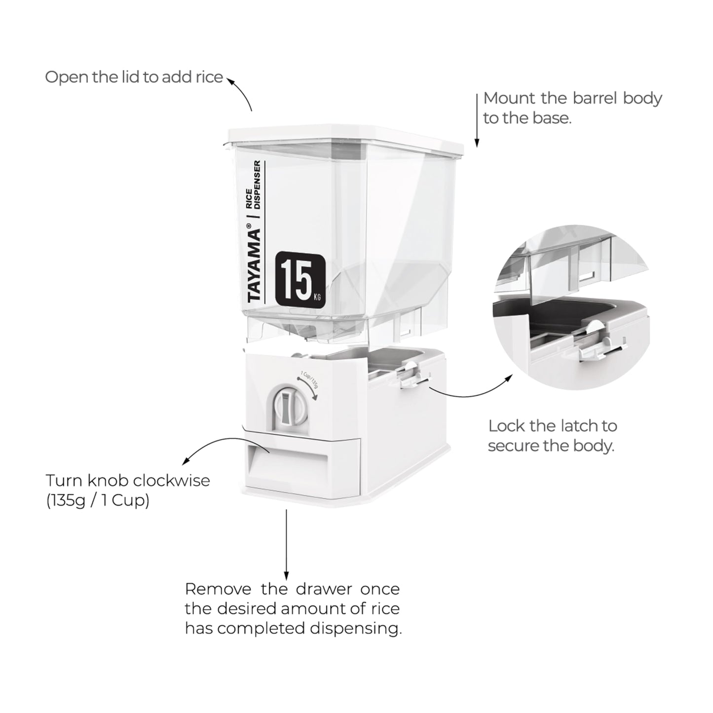 TAYAMA 33 lbs. Capacity Rice Dispenser Grain Storage Container, White