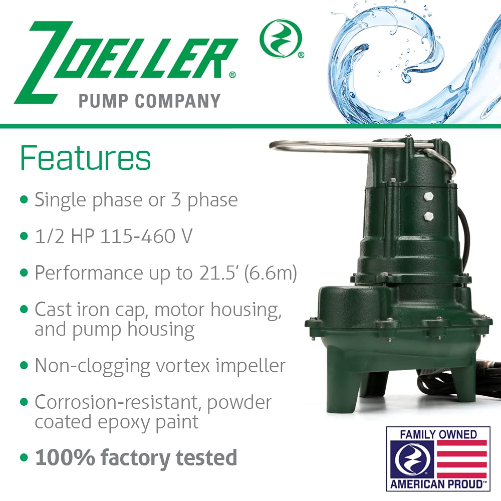 Zoeller Waste-Mate 267-0001 Sewage Pump, 1/2 HP Automatic – Heavy-Duty Submersible Sewage, Effluent or Dewatering Pump