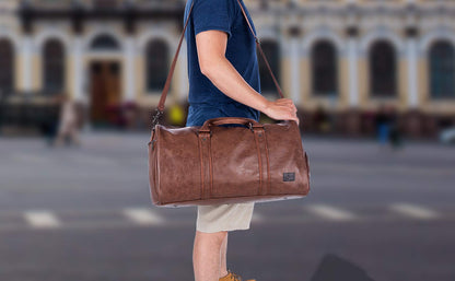 Leather Travel Bag with Shoe Pouch, Waterproof Weekender Overnight Bag,Carry On Duffel Bag for Men Women-Brown