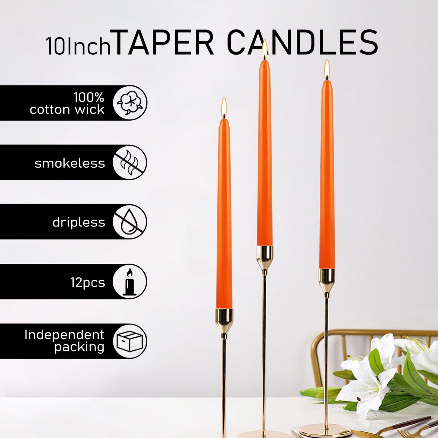 12-Pack 10-Inch Orange Taper Candles - Cotton Core, Clean Burning unscented, Drip-Free & Smokeless, Elegant Conical Design for Halloween, Weddings & Family Celebrations