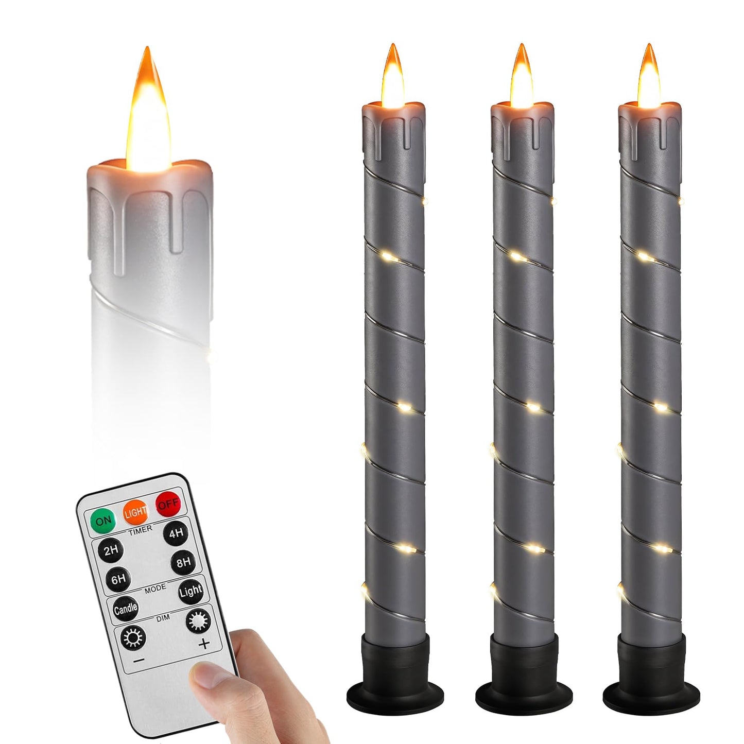 Rlojru 3PCS Flameless Taper Candles Grey Black Battery Operated, with Embedded Fairy String Lights, LED Flickering Flame Candle, Remote Control,Timer for Wedding, Birthday Party, Prom, Home Decoration