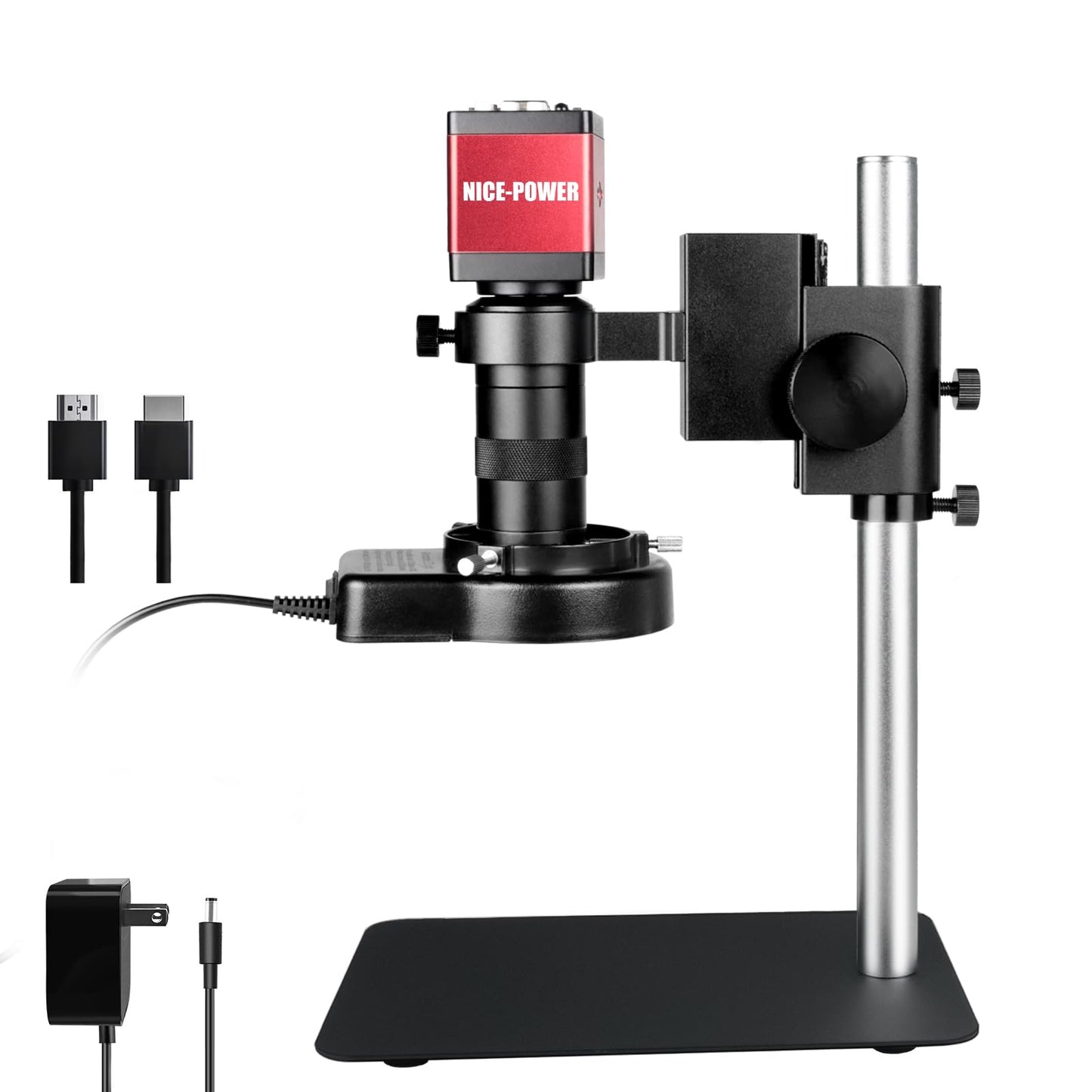 NICE-POWER Digital Microscope with Metal Base, 13MP 1080P HDMI VGA Industrial Microscope Magnifier, 130X Zoom C-Mount HD Lens, LED Ring Light, Soldering Electronic Repair Bench Microscopes