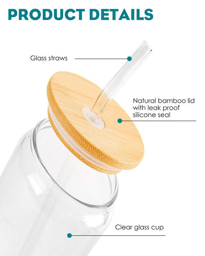 WISIMMALL Drinking Glasses with Bamboo Lids and Glass Straw 8PCS Set, 16oz Glass Cups with Lids and Straws, Beer, Iced Coffee Glasses, Soda, Gift 2 Cleaning Brushes