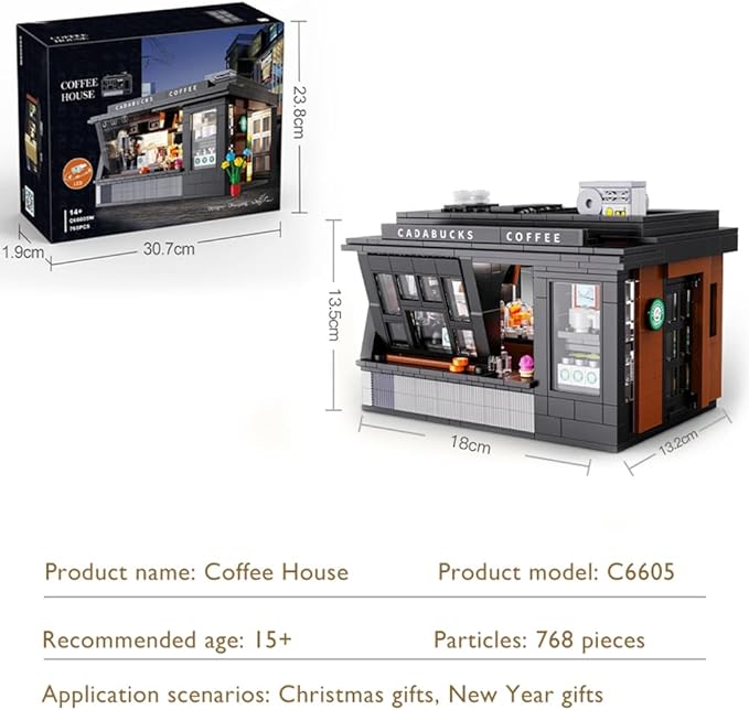 Coffee House Building Blocks Set with Lights Detailed Street View Architecture Model Café Interior &amp Accessories Gift for Teens Adults 14+(768pcs)