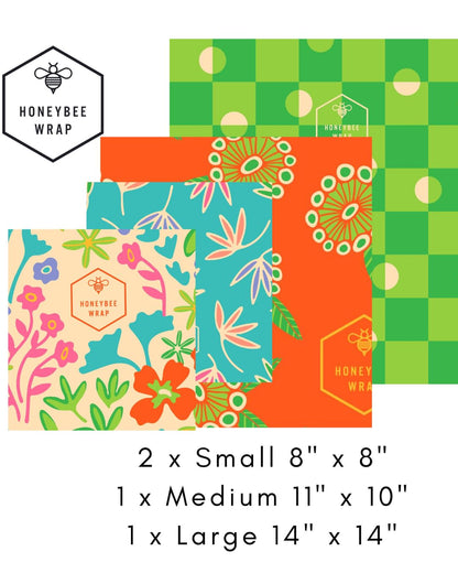 Honeybee Beeswax Wraps - Cheese Lovers Assorted Pack - Certified Organic Cotton Reusable Beeswax Wraps for Food - Plastic Wrap & Sandwich Bags Alternative - 4 Pack - Small, Medium & Large
