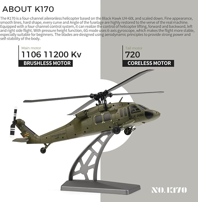 K170 UH60L RC Helicopter Remote Controlled Helicopter for Adults Beginners 2.4G 4CH RC Plane 6-Axis Gyroscope Altitude Hovering Military Aircraft Aileronles (3 Batteries)