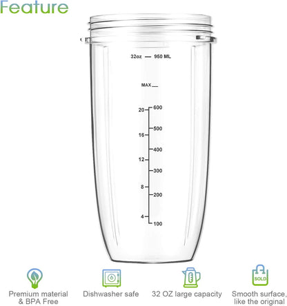 7 Pieces nutribullet Blender Cups & Blade Replacement Set 32oz Huge Cup with 1 Flip-Top To-Go Lid and 1 Lid Ring & Premium Extractor Blade with Compatible with NutriBullet 600w/900w Blender
