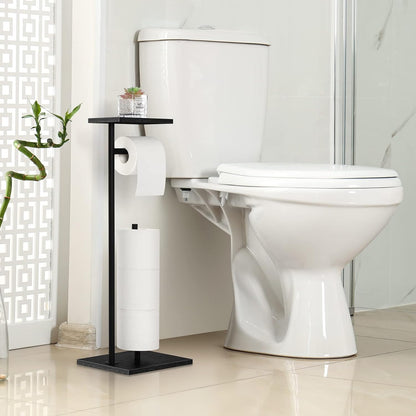 Skiennix Free Standing Toilet Paper Holder - Black Bathroom Tissue Dispenser with Storage Shelf