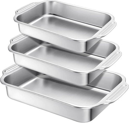 Funnymoom Stainless Steel Baking Pan Set - 3 Rectangular Sizes (12/14/15 Inch) for Cakes, Lasagna & More
