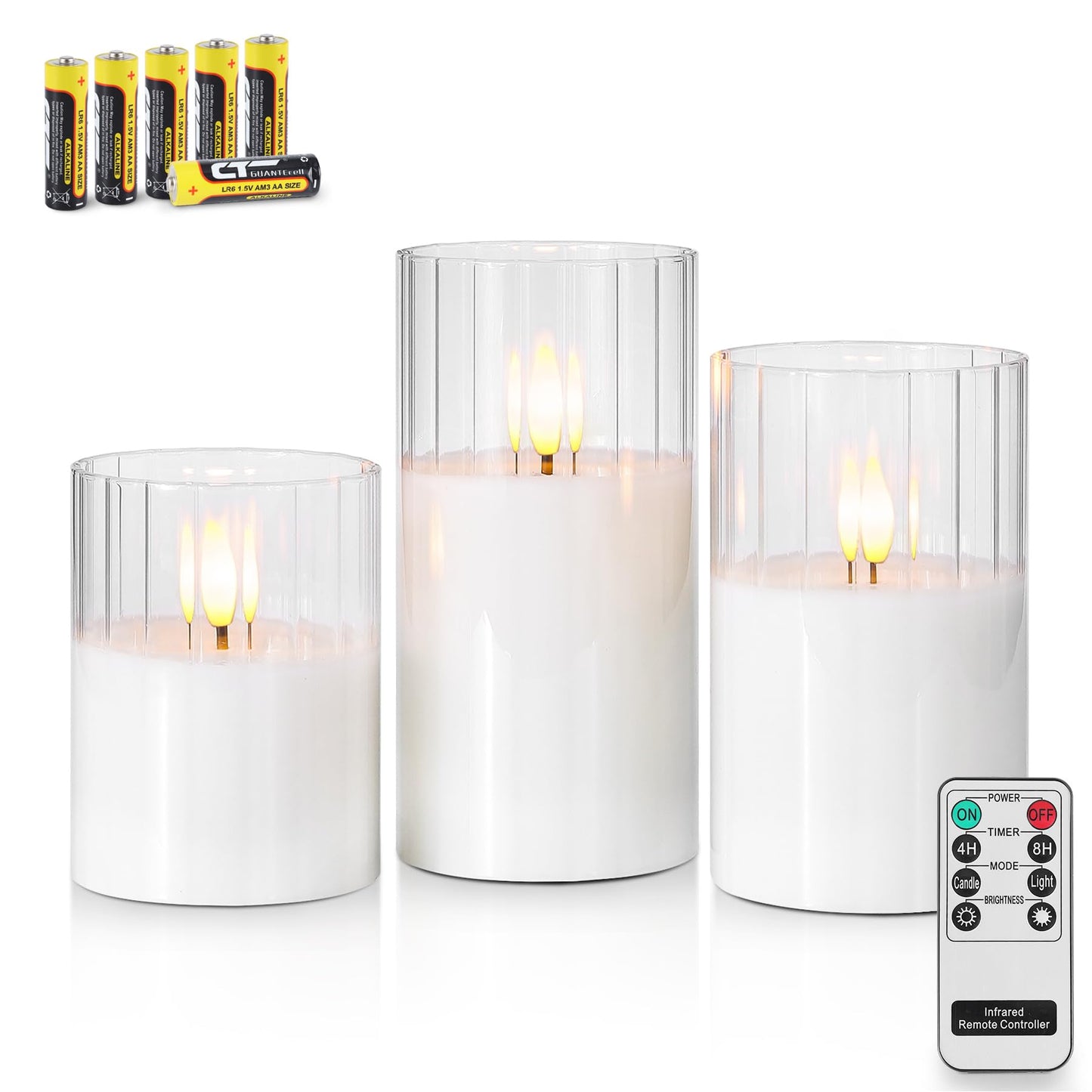Rhytsing Clear Ribbed Glass Battery Operated LED Candles with Remote, White Flameless Candle Gift Set with Timer for Weddings and Churches, Warm White Light- 6 Batteries Inclued - Set of 3