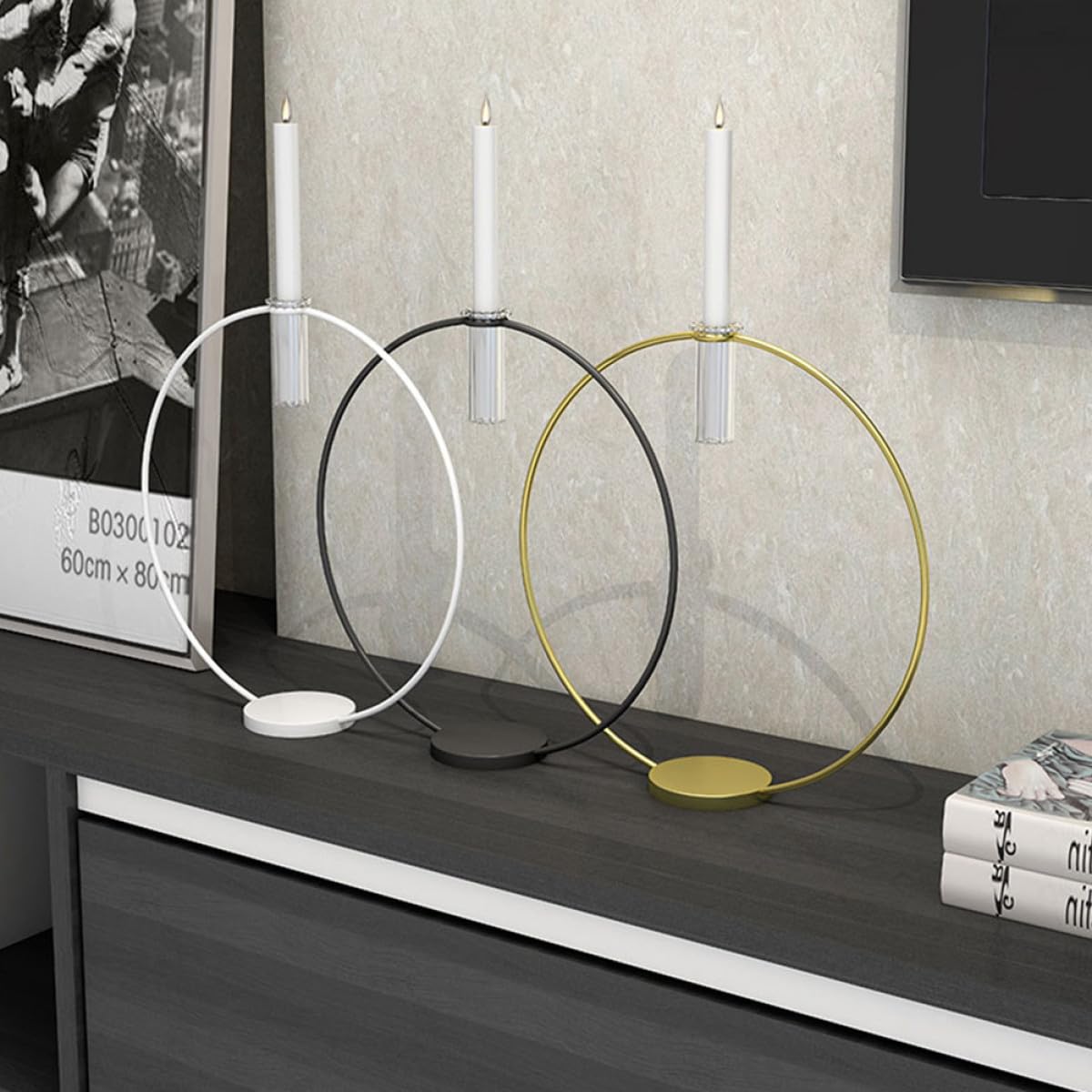 HINTRMENT Metal Round Candleholder Stand 9x28x29cm Black Base Decorative Candlestick Ornament for Flower Arrangement and Home Décor