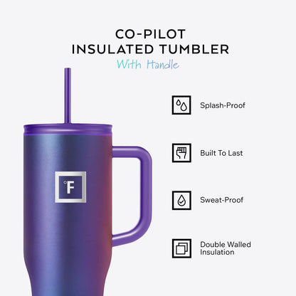 IRON °FLASK Co-Pilot Insulated Mug w/Straw & Flip Cap Lids - Cup Holder Bottle for Hot, Cold Drink - Leak-Proof - Water, Coffee Portable Travel Mug - Cobalt Blue, 40 Oz